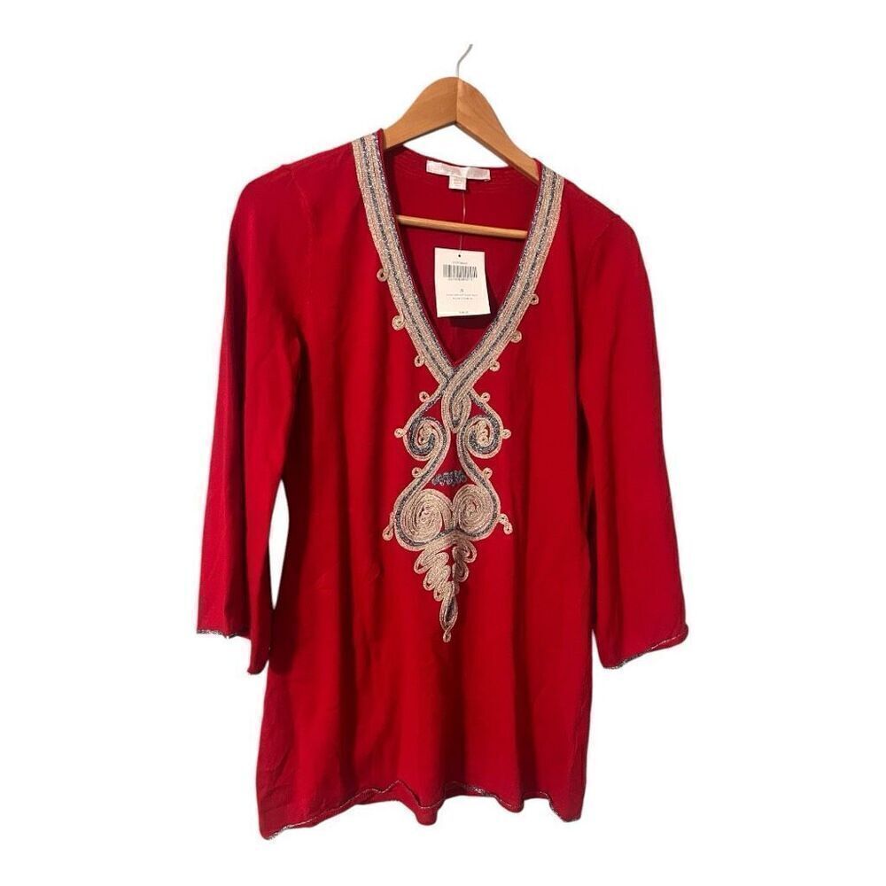 Boston Proper Women's S Heartthrob Embroidered Tunic Sweater Red Artsy Hippie